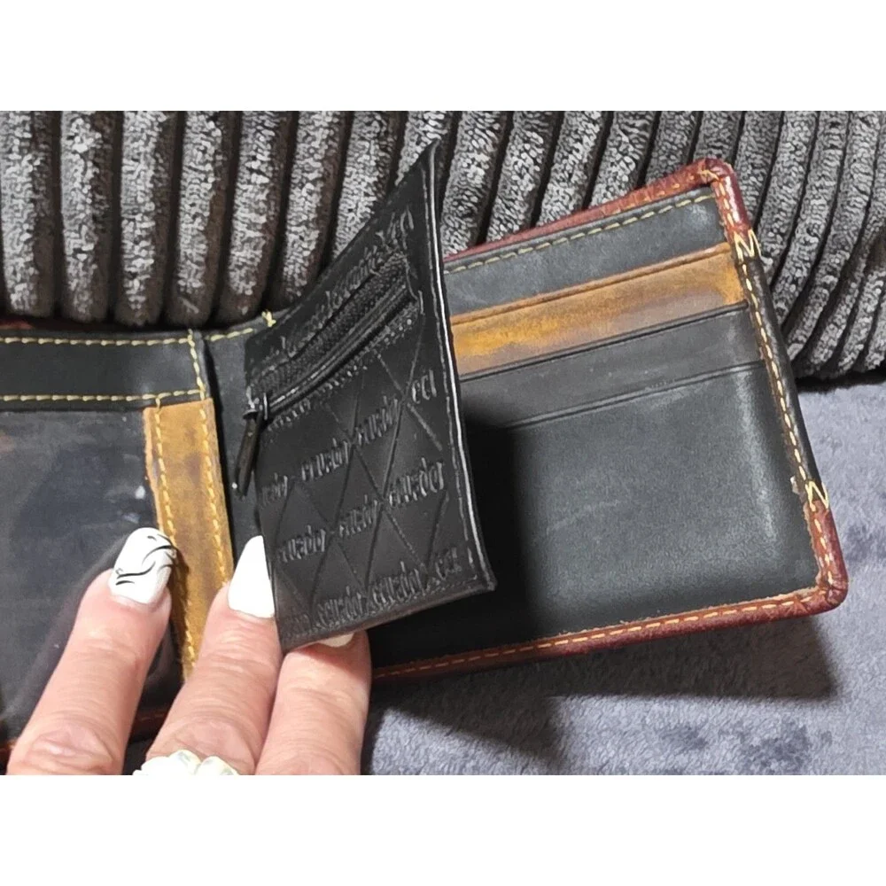 Rare 2pc Cool Ecuador Hand Stitched Tooled Bifold Embossed Leather Wallet EuC